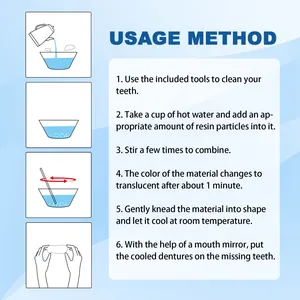 Step-by-step usage instructions for temporary tooth repair kit with resin particles