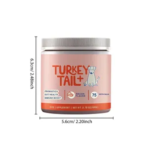 Detailed size guide for Turkey Tail dog probiotic supplement jar, 100g bacon flavor