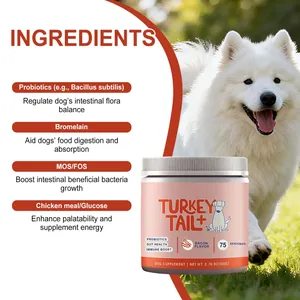 Detailed ingredient list of dog probiotic supplement showing benefits for gut health and immunity