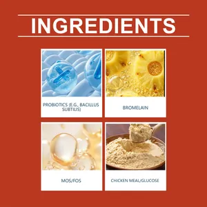 Detailed view of probiotic ingredients including Bromelain and MOS for pet supplements