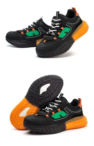 Detalle de zapatos de seguridad con punta de acero transpirables, suela naranja