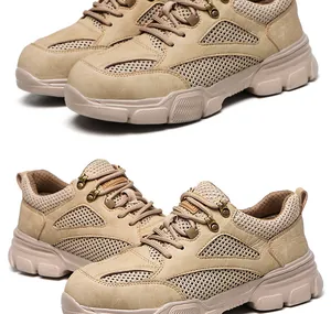 Vue détaillée de chaussures de sécurité kaki respirantes avec mesh et semelles robustes