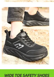 Detailed view of black wide toe safety shoes with reinforced steel toe for work
