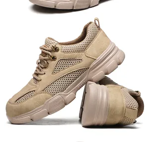 Vue latérale de chaussures de sécurité kaki respirantes avec semelles robustes