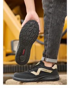 Close-up macro detail showing anti-puncture sole pattern on durable black and tan safety shoes