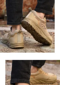 Close-up view of the rugged non-slip sole and breathable mesh on tan safety work shoes
