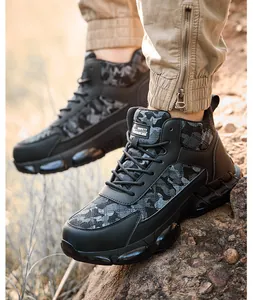 Detailed view of camouflage safety work boots with protective steel toe and air cushion.