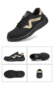 Detailed multi-angle views of black and tan breathable safety shoes with reinforced soles