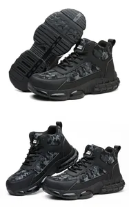 Multi-angle view of men's steel toe safety boots with camouflage pattern and lugged sole