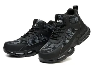 Detailed side view of camouflage pattern safety work boots with steel toe protection