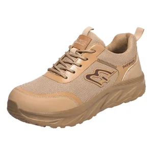 Khaki breathable mesh men's safety work shoes with puncture-proof steel toe design