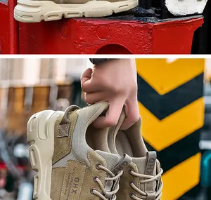 Detalle de cerca de zapatos de seguridad transpirables caqui duraderos para hombre