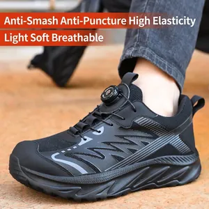 Durable black safety shoes with steel toe and quick rotary dial lacing for work.
