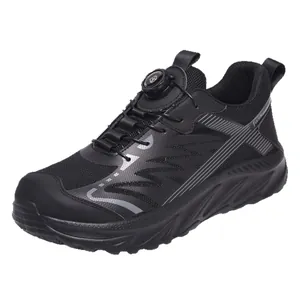Men's black safety work shoes with wide steel toe and rotating dial closure system