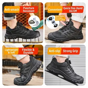 Durable black safety shoes featuring a quick-release rotary buckle and steel toe cap