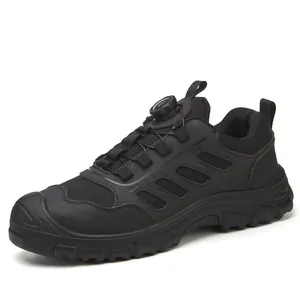 Black breathable safety shoes with anti-smashing toe and convenient dial lacing system