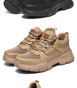 Detalle de zapatos de seguridad caqui y negro con malla traspirable y punta de acero