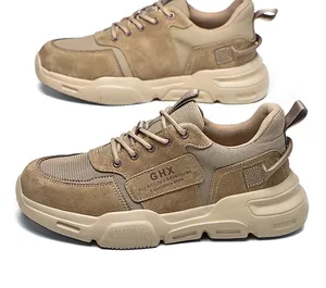 Vista lateral de zapatos de seguridad kaki transpirables con protección anti-perforación