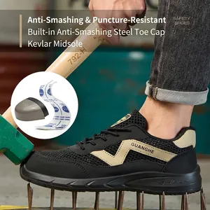 Breathable black safety shoes with steel toe cap and puncture resistant sole in use