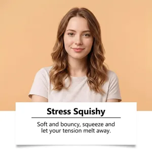 Lifestyle detail image of a smiling woman with Stress Squishy text highlighting features.