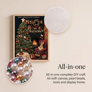 Detailed macro view of pearl beads and textured canvas for DIY Christmas craft kit