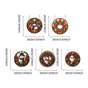 Set of five 20cm round Christmas acrylic hanging ornaments with snowman and Santa designs.