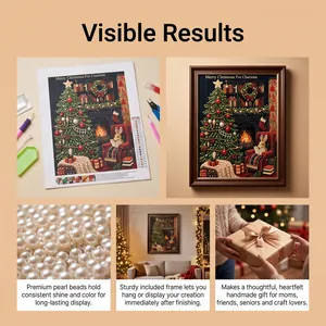 Detailed view of DIY Christmas pearl painting kit with tools, macro beads, and home decor display.