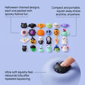 Detailed view of 24 Halloween mini squishies showing soft texture and spooky characters