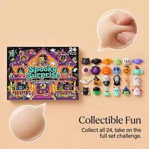 Close-up detail of 24 Halloween squishy toys with a 24-day advent calendar box set.