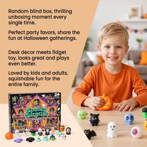 Close-up of a child playing with various Halloween squishy toys from the countdown box.