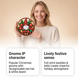 Model holding a stained glass style acrylic Christmas gnome ornament with festive decor