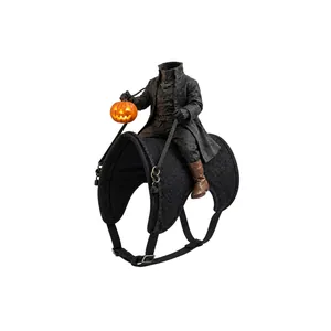 Detailed view of headless horseman pet costume with a glowing pumpkin for Halloween parties