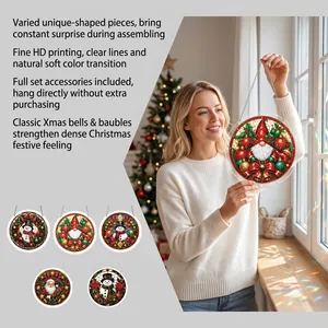 Close-up of DIY stained glass style Christmas acrylic puzzle hanging ornament with gnome