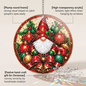 Macro detail view of a stained glass style acrylic Christmas gnome puzzle hanging ornament.