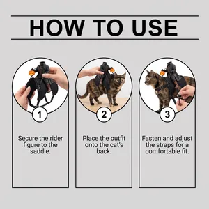 Three-step instructions on how to use the headless horseman pet costume for cats.