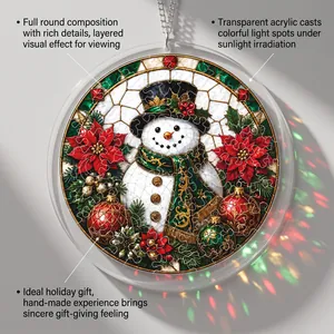 Detailed view of stained-glass style acrylic Christmas puzzle ornament with snowman