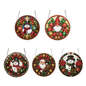 Stained glass style Christmas acrylic puzzle ornaments set featuring Santa and Snowmen