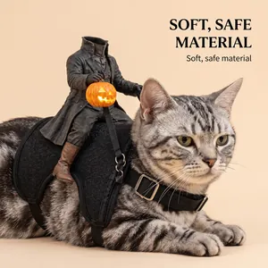 Detail view of Headless Horseman pet costume with glowing pumpkin on a cat