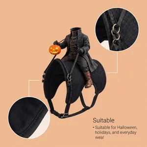 Detail view of Headless Horseman pet costume showing fabric texture and strap buckles