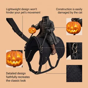 Detailed views of the headless horseman pet costume with glowing pumpkin lantern