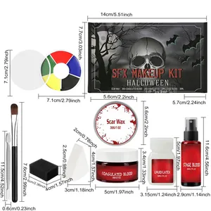 Vue détaillée du kit de maquillage SFX Halloween avec dimensions de chaque élément