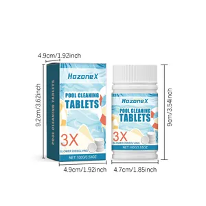 Detalle de las dimensiones de las pastillas de limpieza de piscina HozoneX 100g y caja.