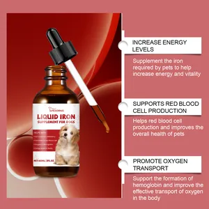 Detail of liquid iron supplement for dogs highlighting energy and health benefits
