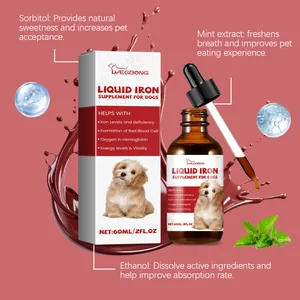 Detail view of Yegbong liquid iron supplement for dogs highlighting ingredients and benefits