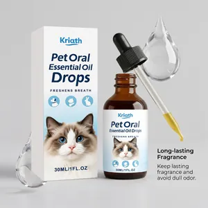 Détail du packaging et flacon compte-gouttes huile essentielle buccale pour animaux.