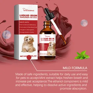 Detail view of Yegbong liquid iron supplement for dogs featuring a mild formula.