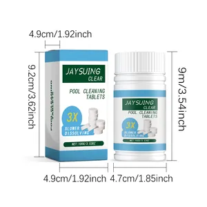 Detailed dimensions for Jaysuing pool cleaning tablets bottle and box packaging set