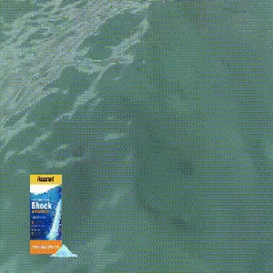 Detail view of HozoneX swimming pool shock treatment package with blue water background