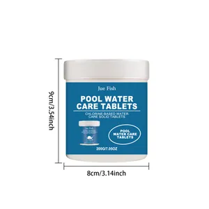 Vista detallada del bote de pastillas Jue Fish para piscina con dimensiones de alto y ancho