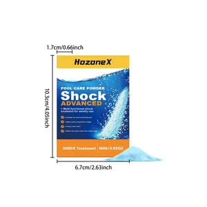 HozoneX pool care shock powder 100g, detailed 6.7x10.3cm packet dimensions shown clearly.
